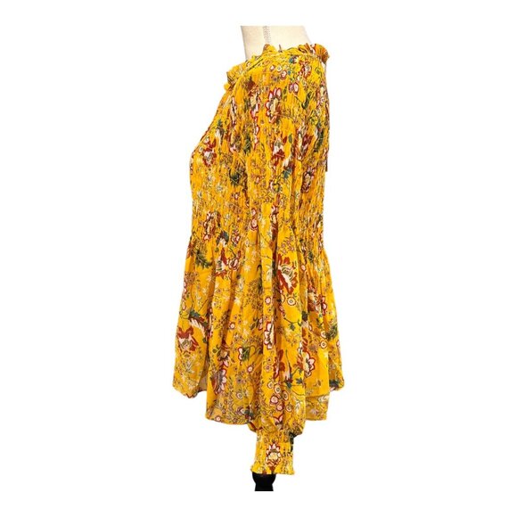 Rose & Olive Top Womens M Yellow Floral Smocked Peasant Blouse Tunic Boho Hippie - Picture 2 of 9